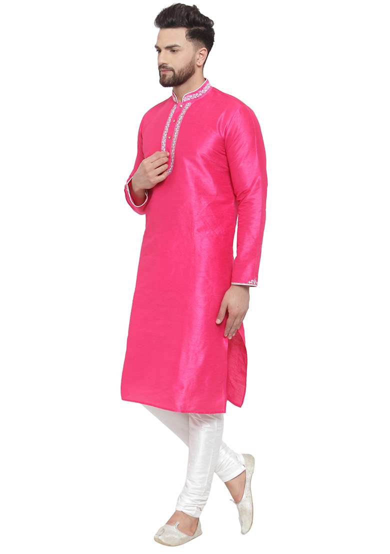 Dark Pink Embroidery Sequins Work Dupion Silk Blend Kurta Set For Men - Indya