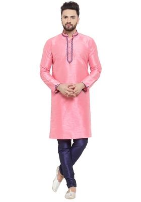 Pink Embroidery Sequins Work Dupion Silk Kurta Set For Men