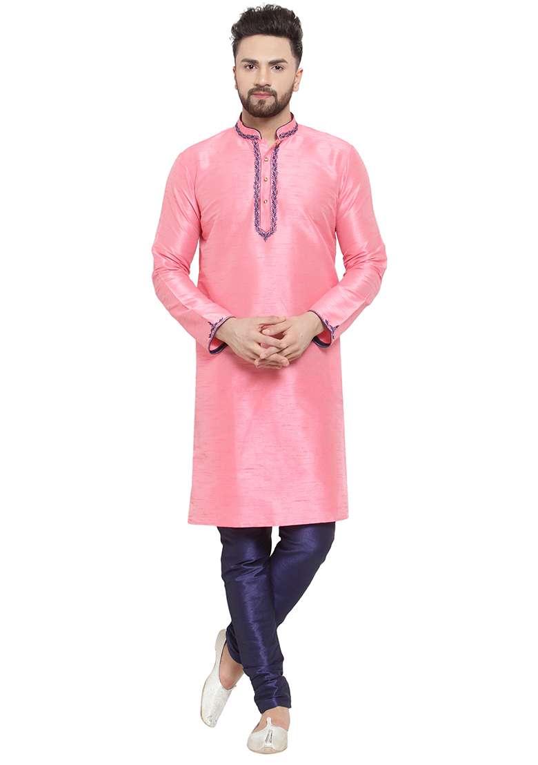 Pink Embroidery Sequins Work Dupion Silk Blend Kurta Set For Men - Indya