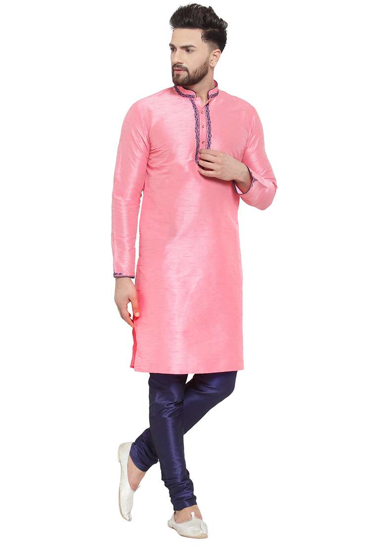 Pink Embroidery Sequins Work Dupion Silk Blend Kurta Set For Men - Indya