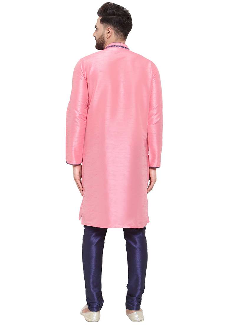 Pink Embroidery Sequins Work Dupion Silk Blend Kurta Set For Men - Indya
