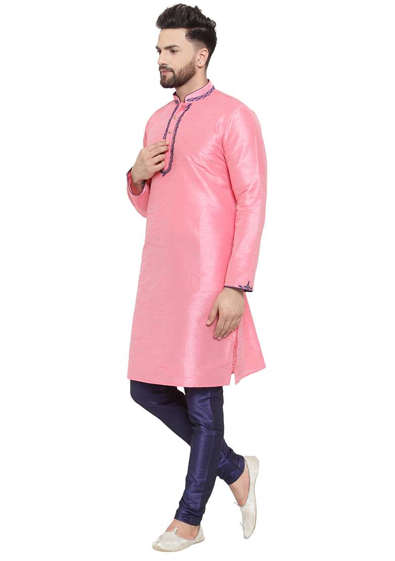 Pink Embroidery Sequins Work Dupion Silk Blend Kurta Set For Men - Indya