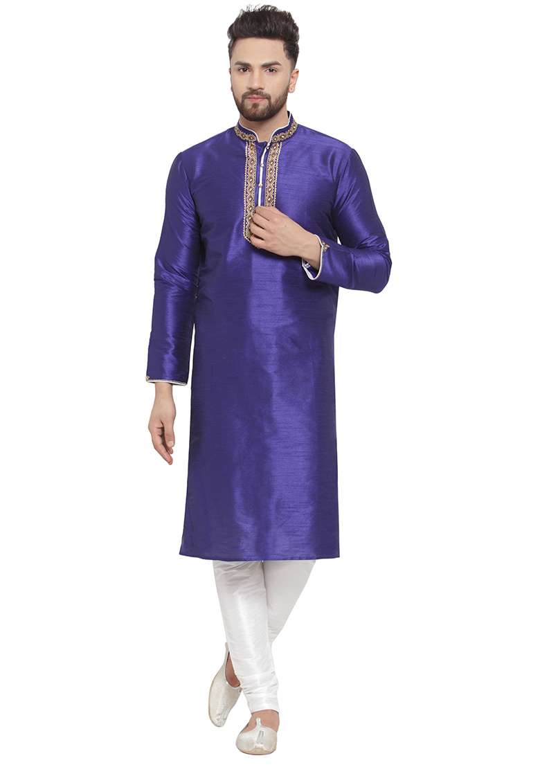 Royal Blue Embroidery Sequins Work Dupion Silk Blend Kurta Set For Men - Indya