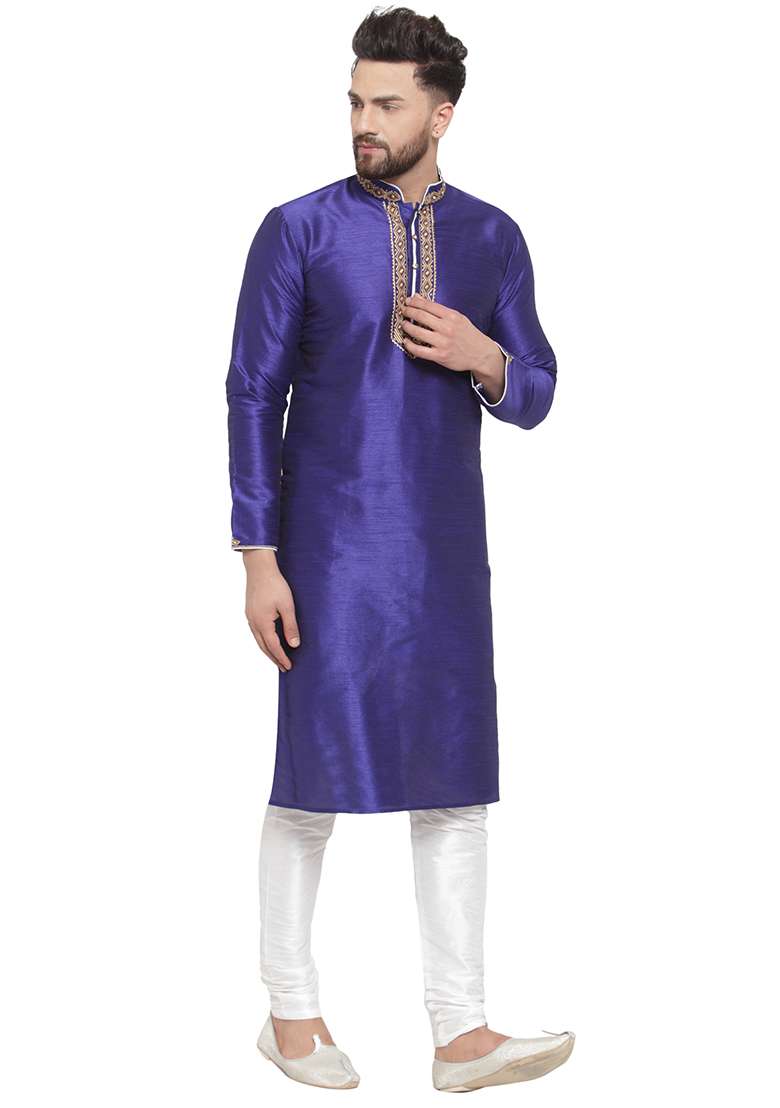 Royal Blue Embroidery Sequins Work Dupion Silk Blend Kurta Set For Men - Indya
