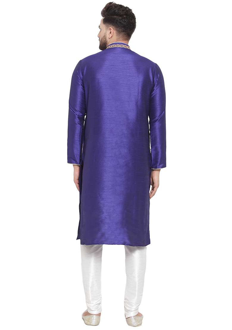 Royal Blue Embroidery Sequins Work Dupion Silk Blend Kurta Set For Men - Indya