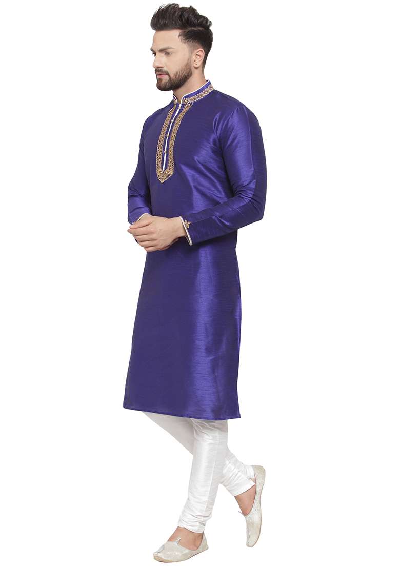 Royal Blue Embroidery Sequins Work Dupion Silk Blend Kurta Set For Men - Indya