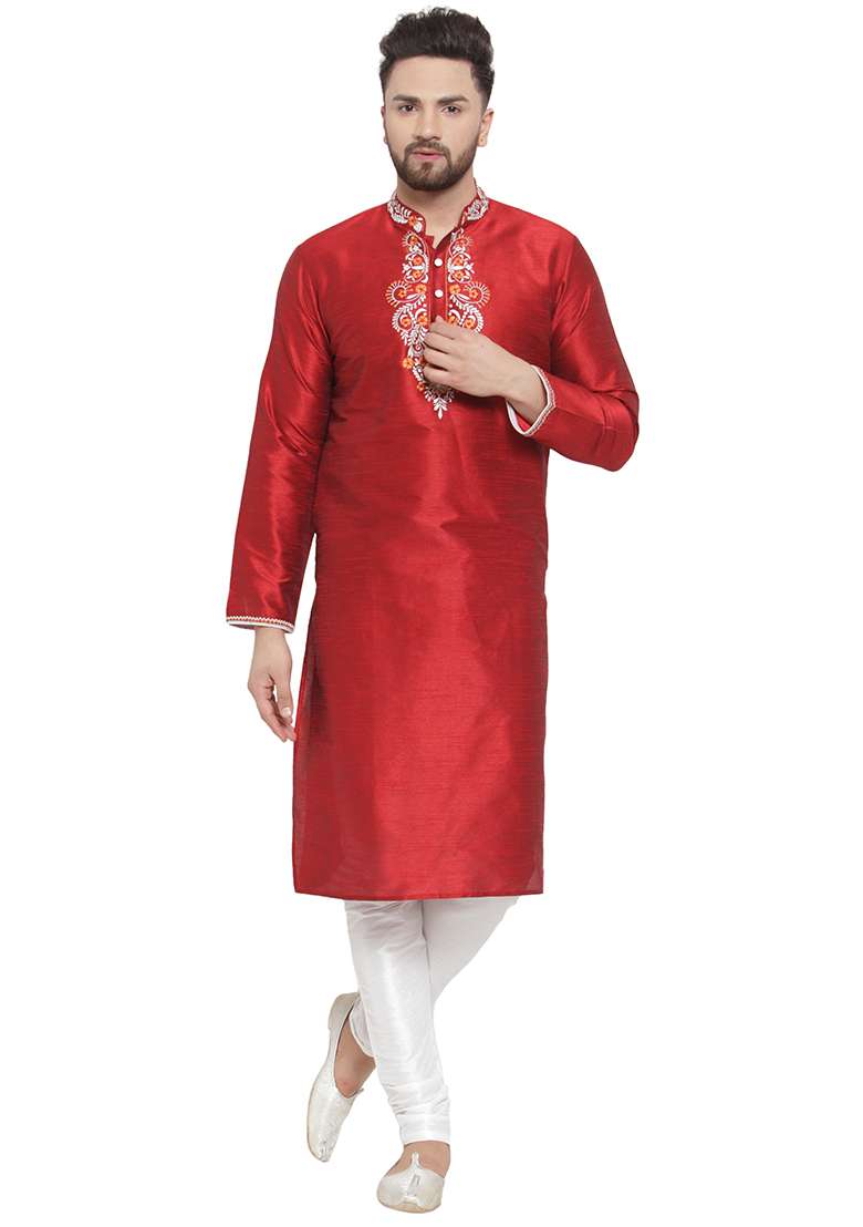 Maroon Embroidery Sequins Work Dupion Silk Blend Kurta Set For Men - Indya