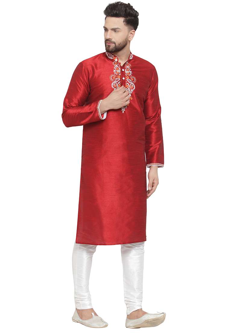 Maroon Embroidery Sequins Work Dupion Silk Blend Kurta Set For Men - Indya