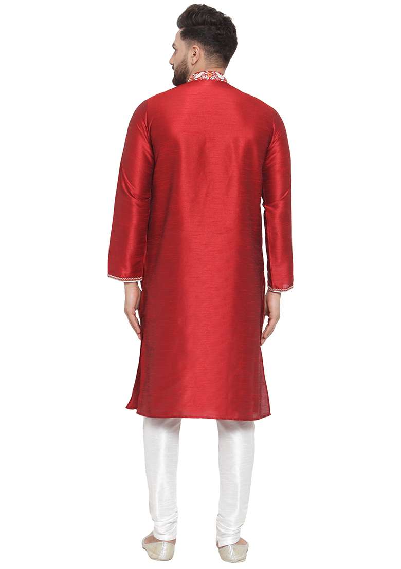 Maroon Embroidery Sequins Work Dupion Silk Blend Kurta Set For Men - Indya