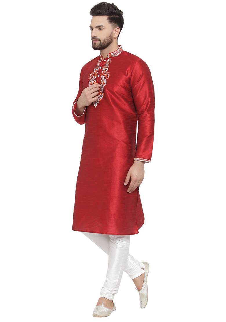 Maroon Embroidery Sequins Work Dupion Silk Blend Kurta Set For Men - Indya