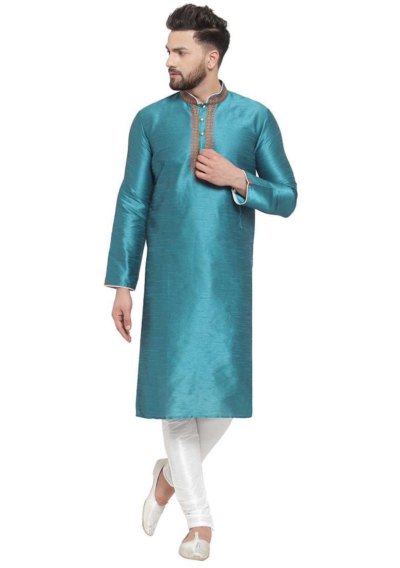 Green Embroidery Sequins Work Dupion Silk Blend Kurta Set For Men - Indya