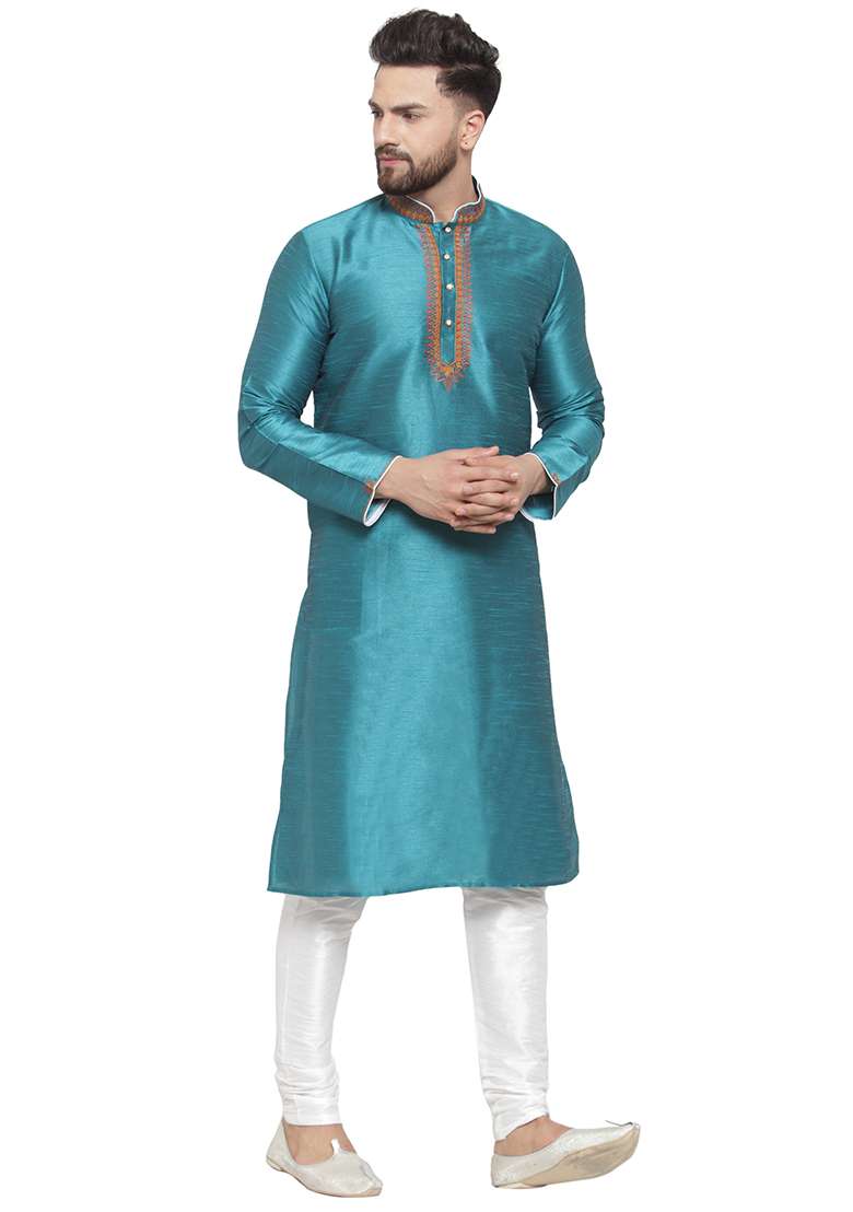 Green Embroidery Sequins Work Dupion Silk Blend Kurta Set For Men - Indya