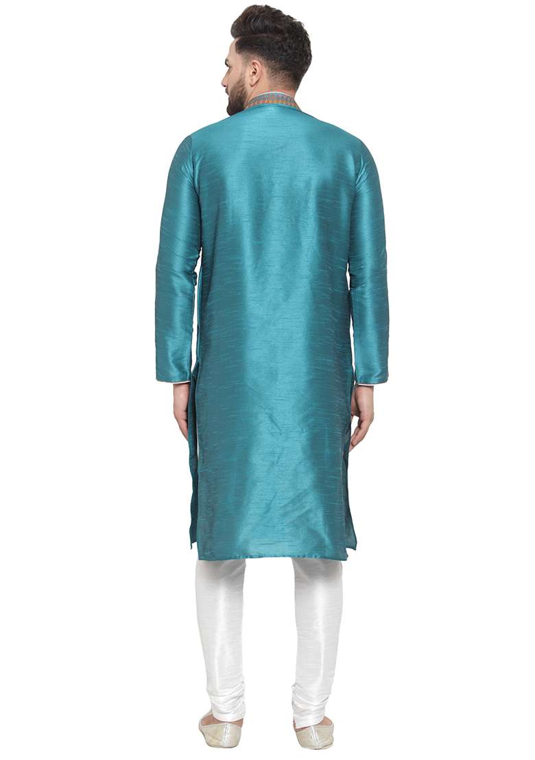 Green Embroidery Sequins Work Dupion Silk Blend Kurta Set For Men - Indya
