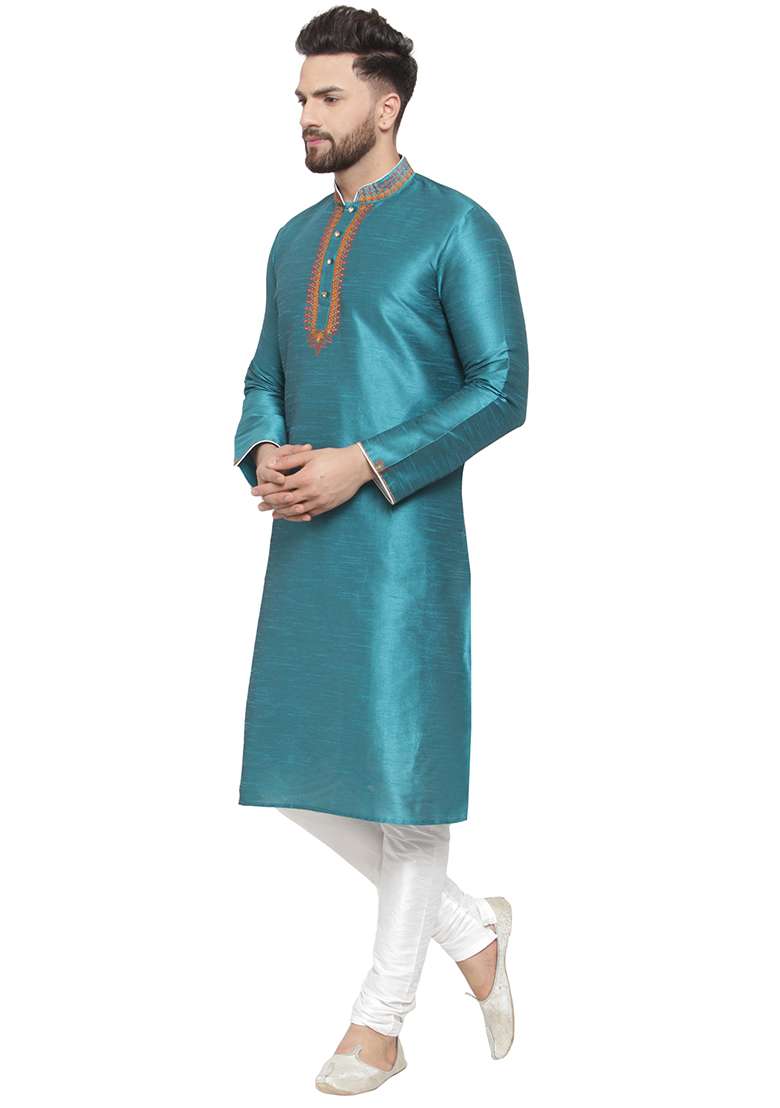 Green Embroidery Sequins Work Dupion Silk Blend Kurta Set For Men - Indya