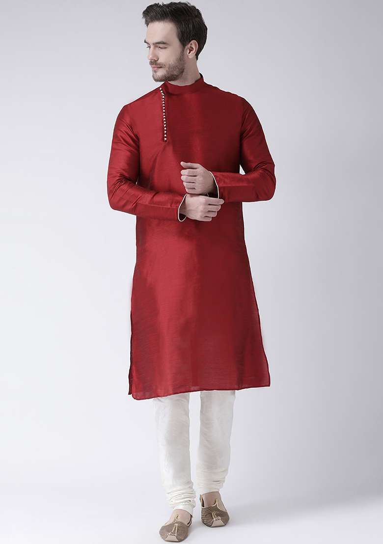 Maroon Embroidery Sequins Work Dupion Silk Blend Kurta Set For Men - Indya