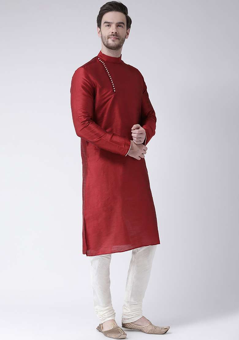Maroon Embroidery Sequins Work Dupion Silk Blend Kurta Set For Men - Indya