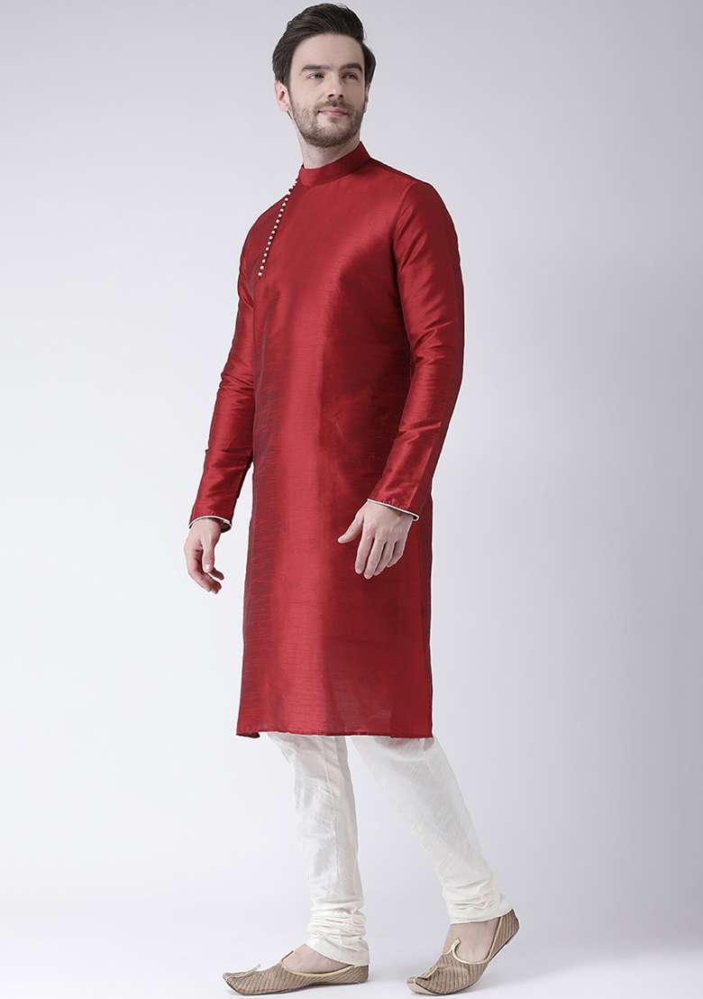 Maroon Embroidery Sequins Work Dupion Silk Blend Kurta Set For Men - Indya