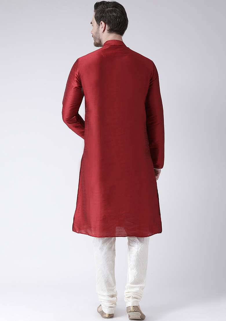 Maroon Embroidery Sequins Work Dupion Silk Blend Kurta Set For Men - Indya