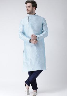 Lt Aqua Blue Embroidery Sequins Work Dupion Silk Kurta Set For Men