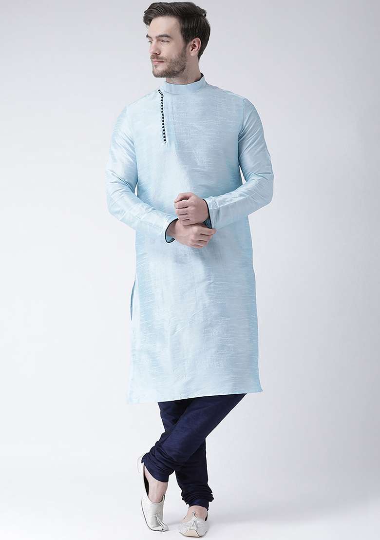 Lt Aqua Blue Embroidery Sequins Work Dupion Silk Blend Kurta Set For Men - Indya