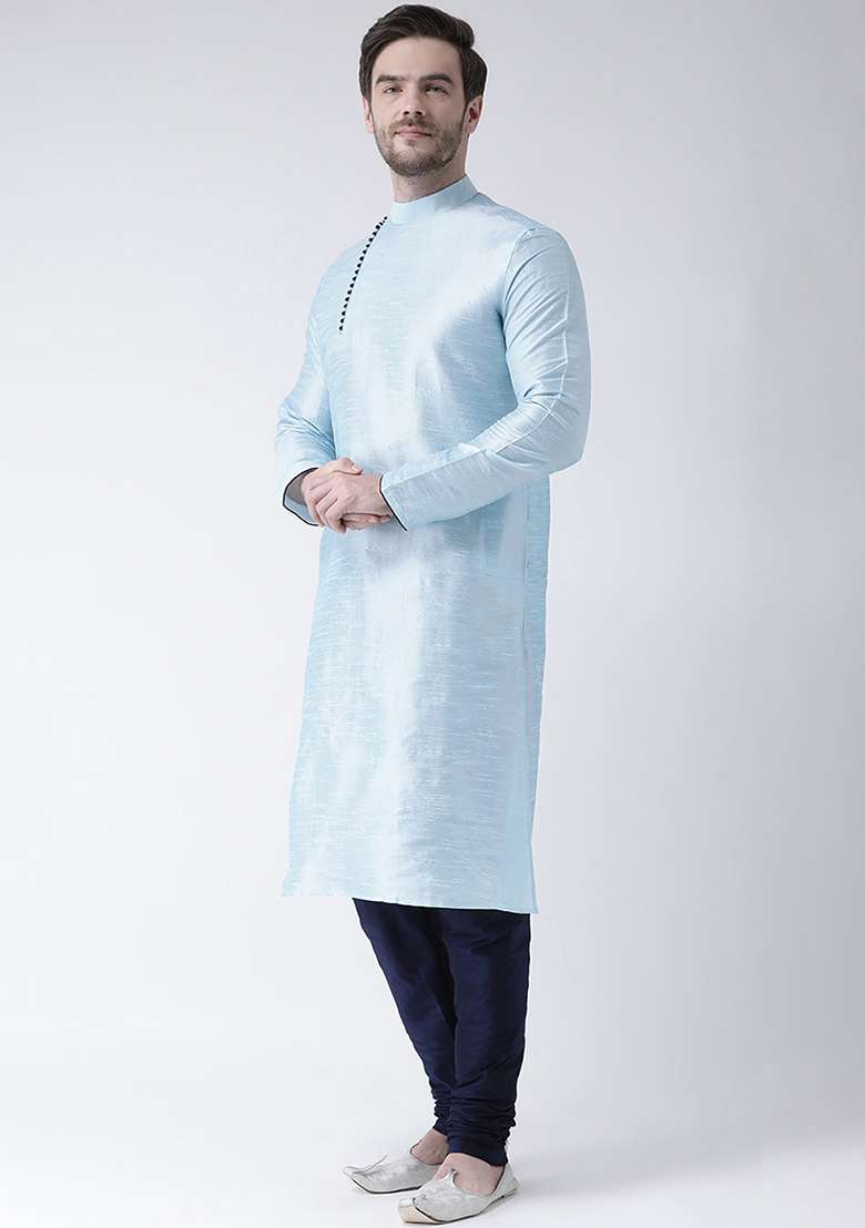 Lt Aqua Blue Embroidery Sequins Work Dupion Silk Blend Kurta Set For Men - Indya