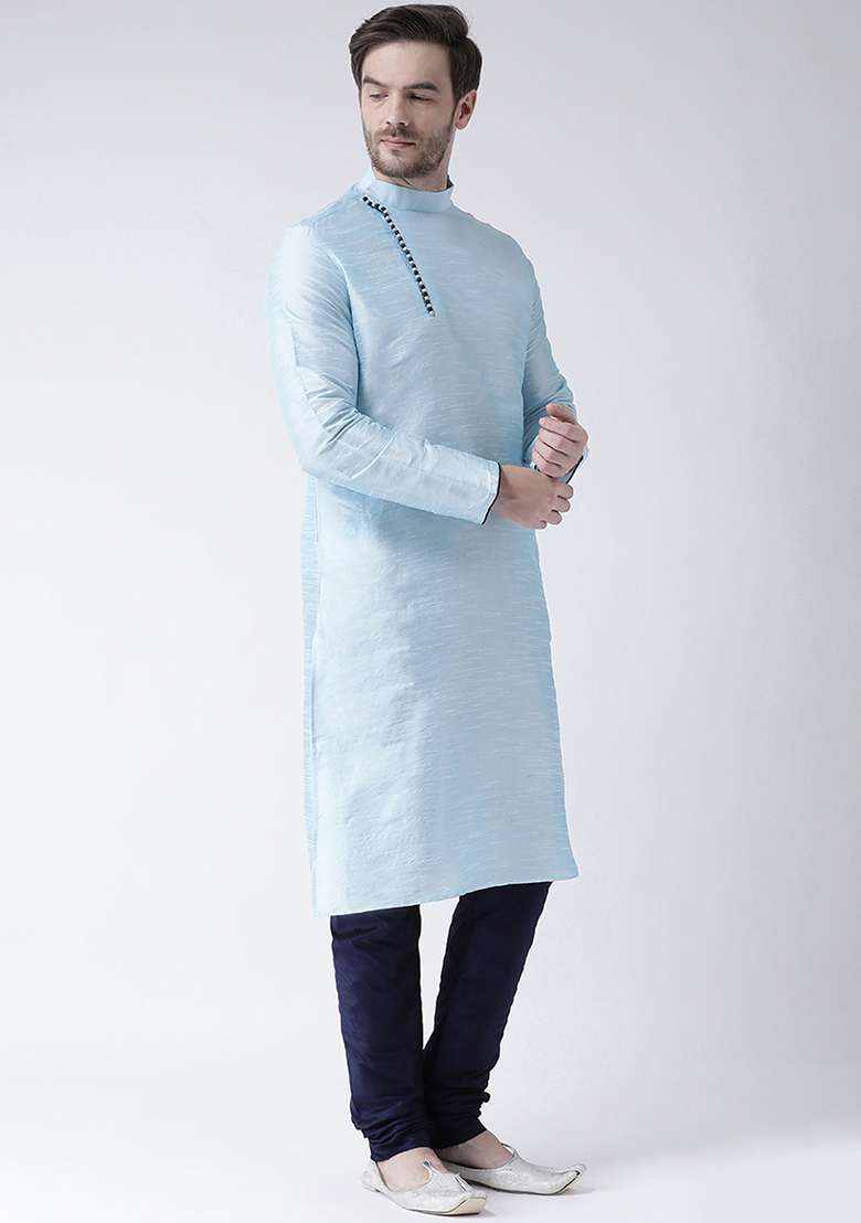 Lt Aqua Blue Embroidery Sequins Work Dupion Silk Blend Kurta Set For Men - Indya