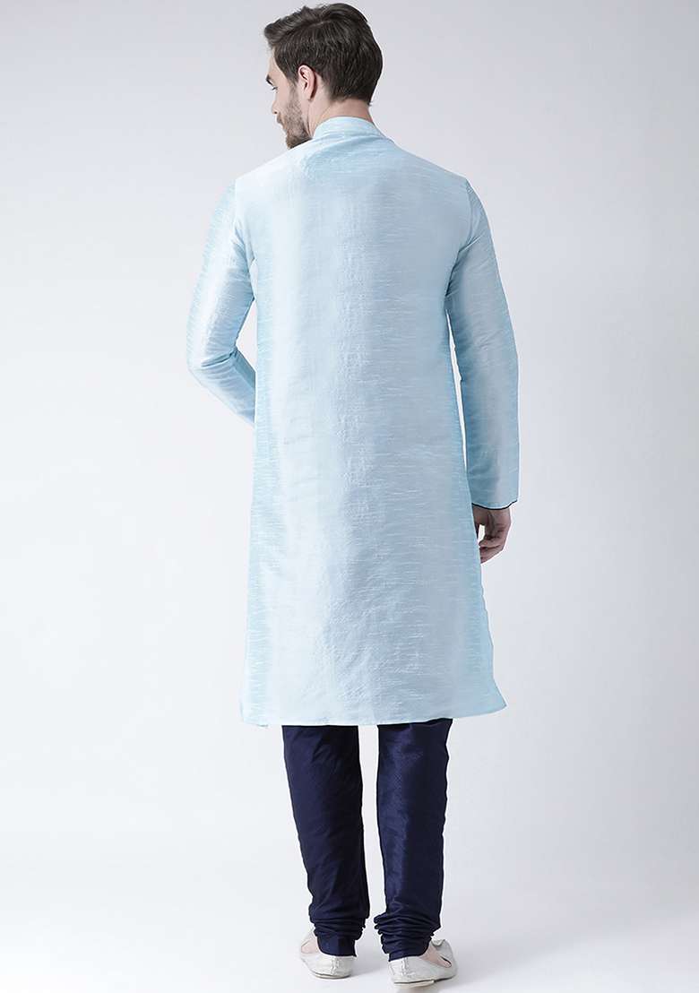Lt Aqua Blue Embroidery Sequins Work Dupion Silk Blend Kurta Set For Men - Indya