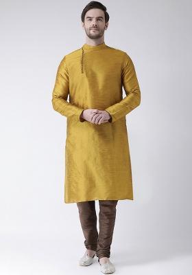 Yellow Embroidery Sequins Work Dupion Silk Kurta Set For Men