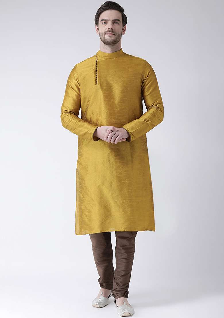 Yellow Embroidery Sequins Work Dupion Silk Blend Kurta Set For Men - Indya