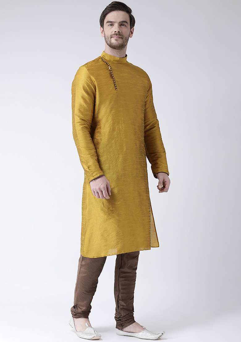 Yellow Embroidery Sequins Work Dupion Silk Blend Kurta Set For Men - Indya