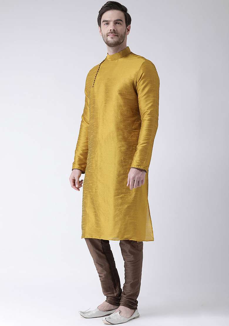 Yellow Embroidery Sequins Work Dupion Silk Blend Kurta Set For Men - Indya