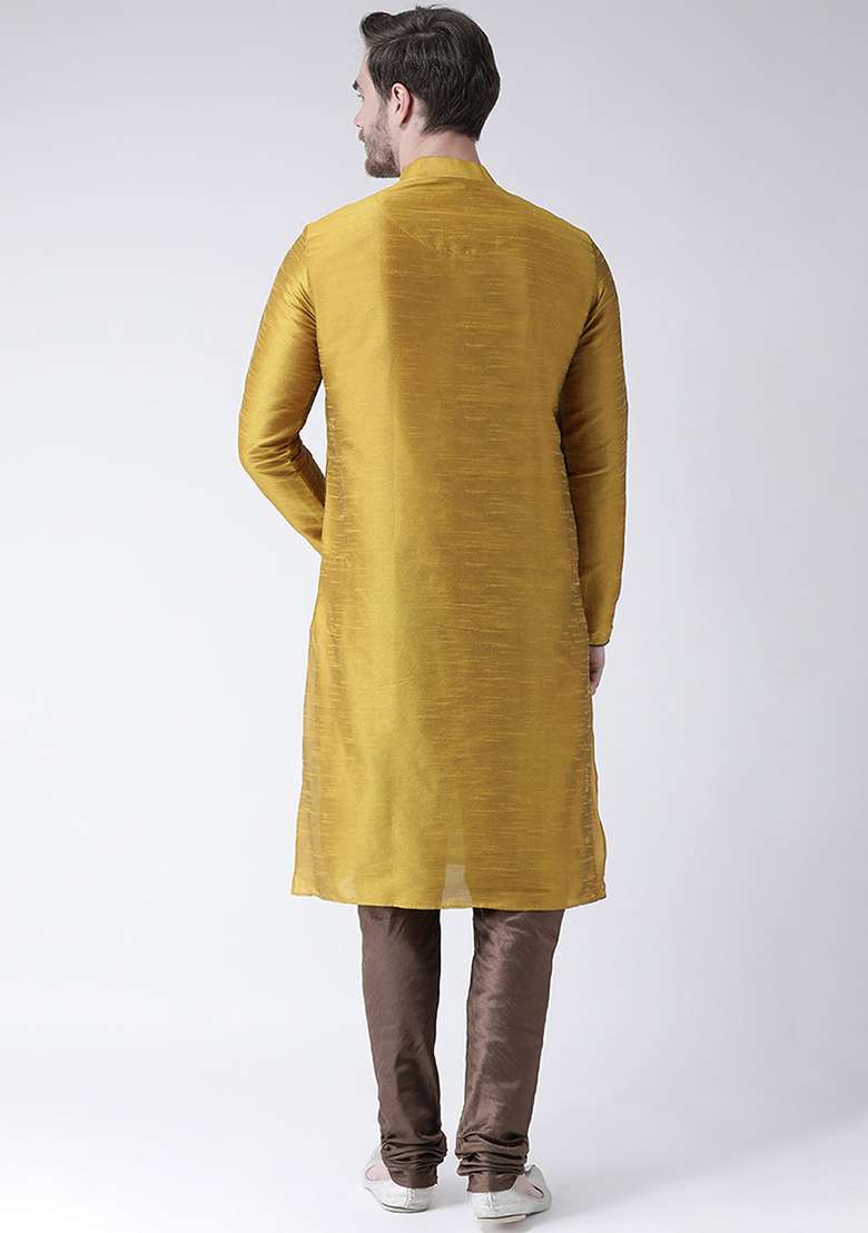 Yellow Embroidery Sequins Work Dupion Silk Blend Kurta Set For Men - Indya