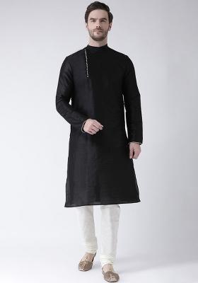 Black Embroidery Sequins Work Dupion Silk Kurta Set For Men