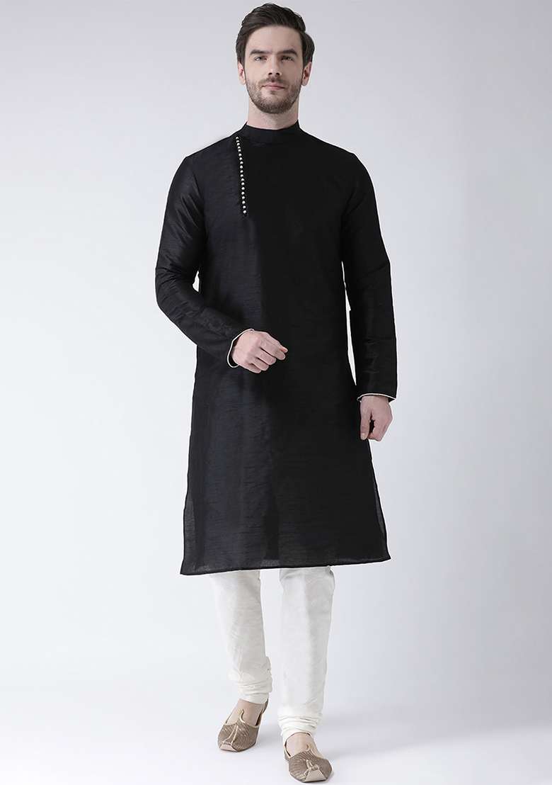 Black Embroidery Sequins Work Dupion Silk Blend Kurta Set For Men - Indya