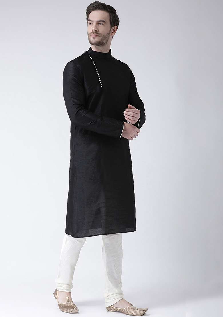 Black Embroidery Sequins Work Dupion Silk Blend Kurta Set For Men - Indya