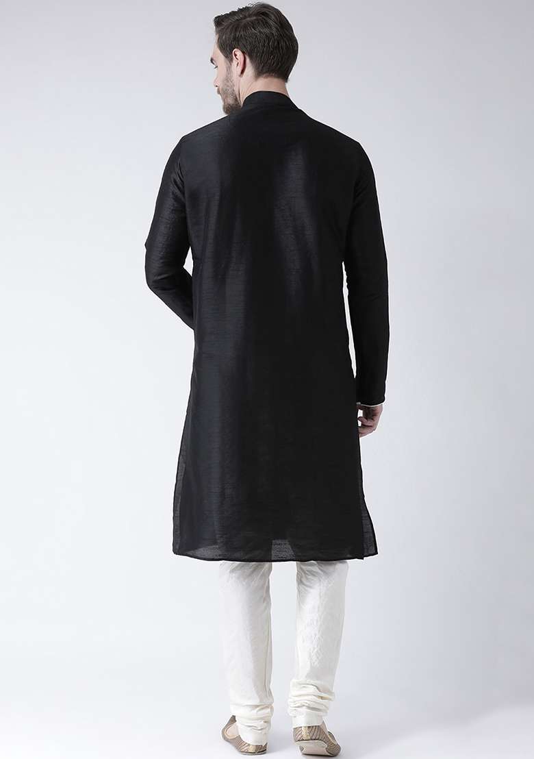Black Embroidery Sequins Work Dupion Silk Blend Kurta Set For Men - Indya