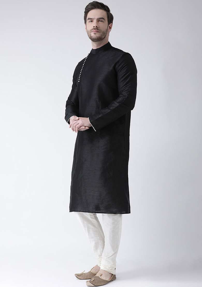 Black Embroidery Sequins Work Dupion Silk Blend Kurta Set For Men - Indya
