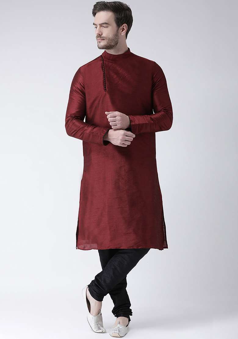 Maroon Embroidery Sequins Work Dupion Silk Blend Kurta Set For Men - Indya