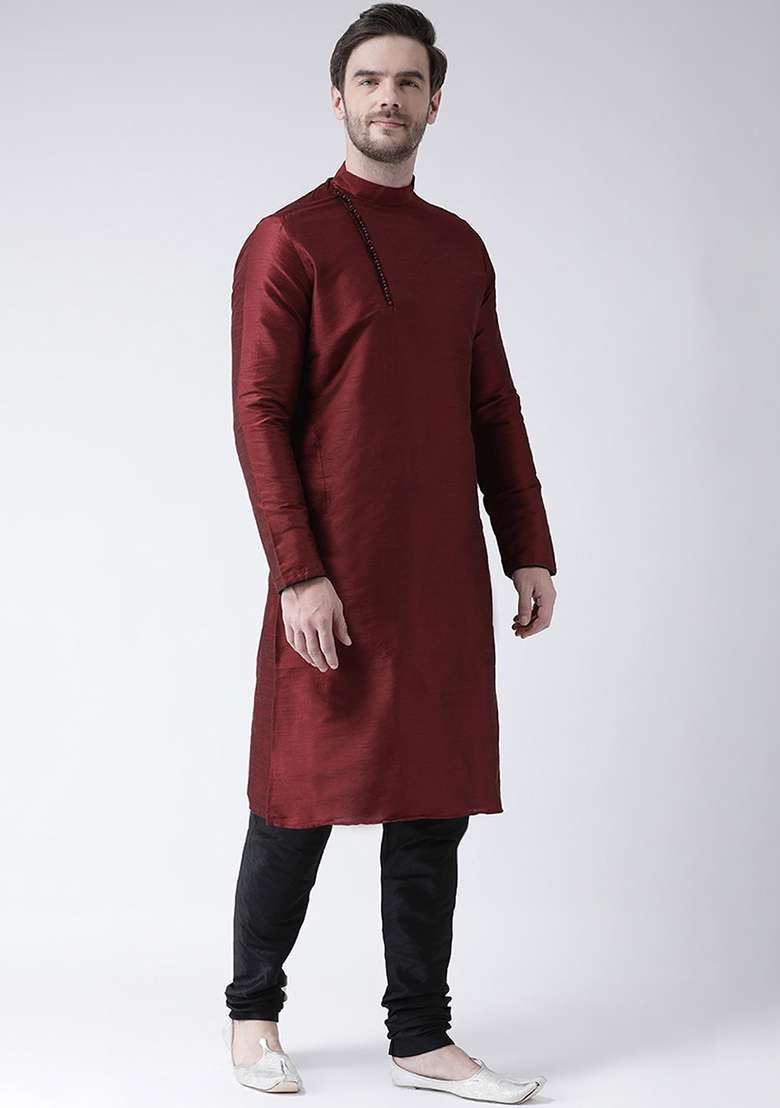 Maroon Embroidery Sequins Work Dupion Silk Blend Kurta Set For Men - Indya