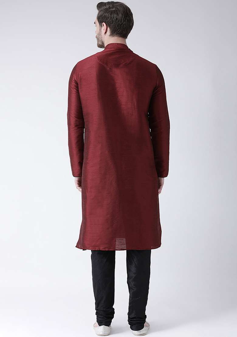 Maroon Embroidery Sequins Work Dupion Silk Blend Kurta Set For Men - Indya