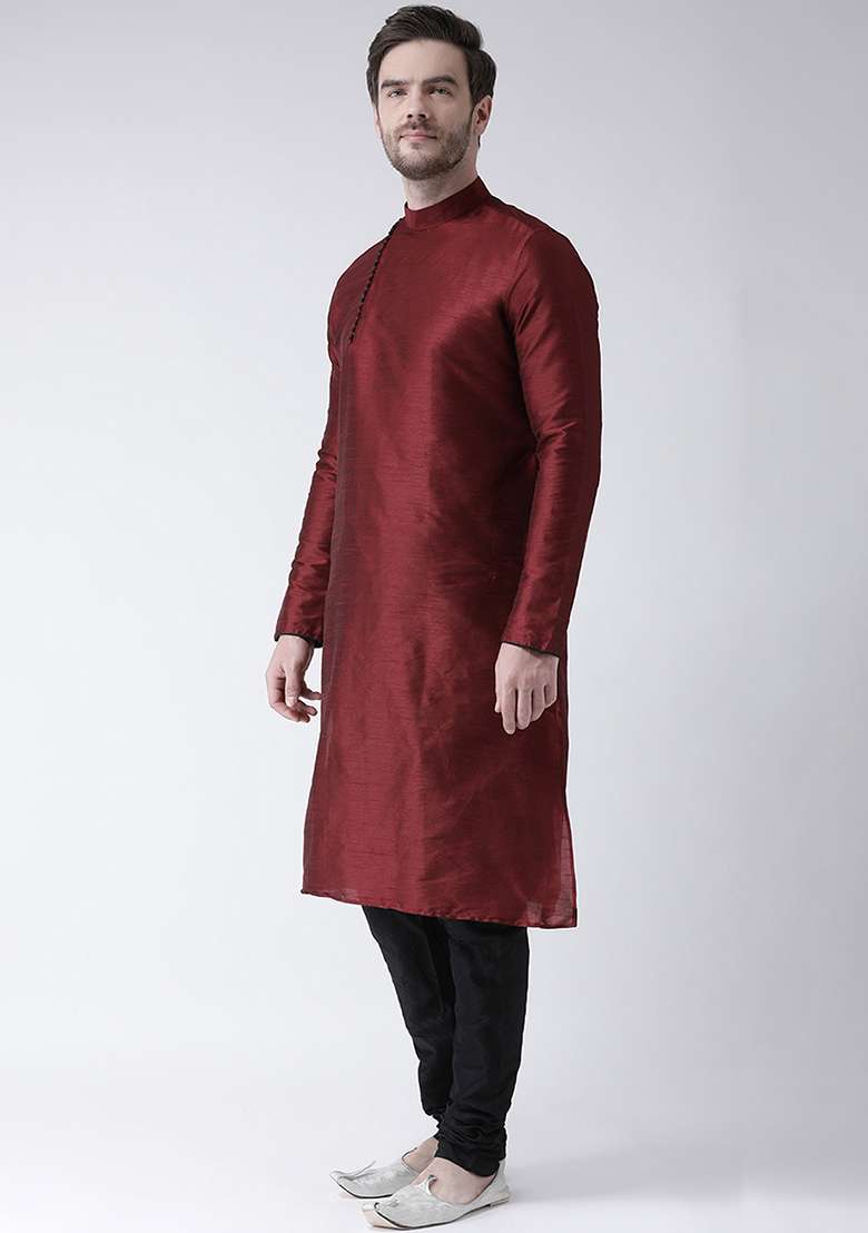 Maroon Embroidery Sequins Work Dupion Silk Blend Kurta Set For Men - Indya