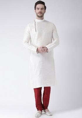 White Embroidery Sequins Work Dupion Silk Kurta Set For Men