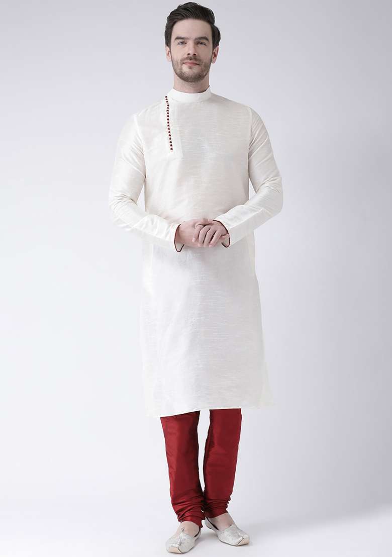 White Embroidery Sequins Work Dupion Silk Blend Kurta Set For Men - Indya