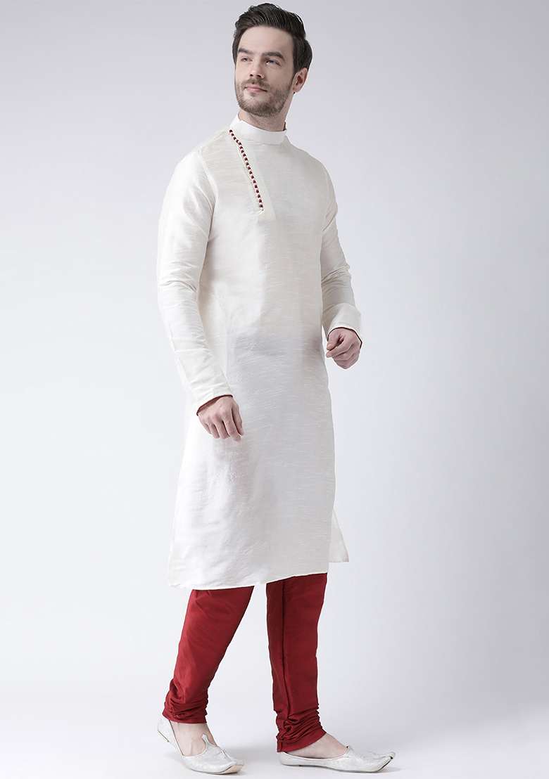 White Embroidery Sequins Work Dupion Silk Blend Kurta Set For Men - Indya