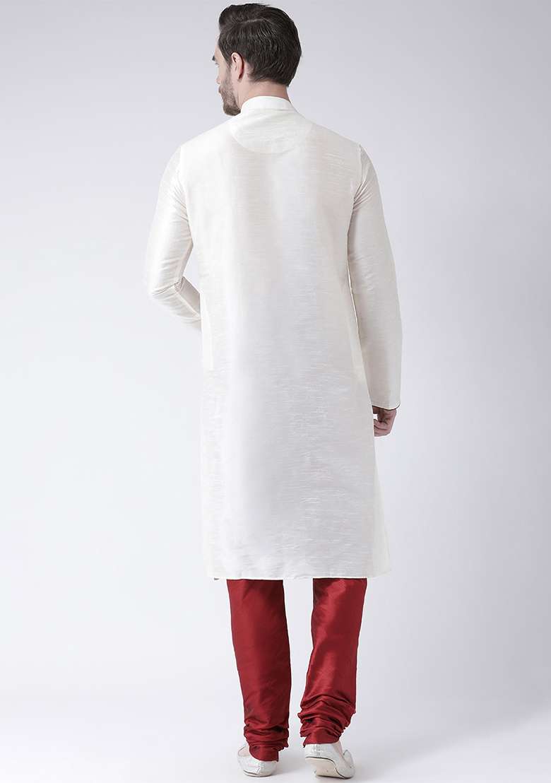 White Embroidery Sequins Work Dupion Silk Blend Kurta Set For Men - Indya