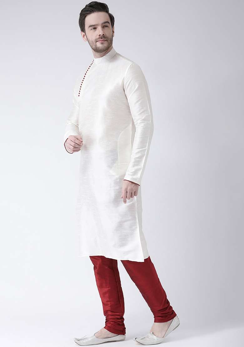White Embroidery Sequins Work Dupion Silk Blend Kurta Set For Men - Indya