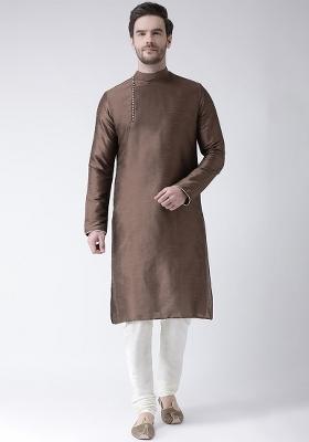 Brown Embroidery Sequins Work Dupion Silk Kurta Set For Men