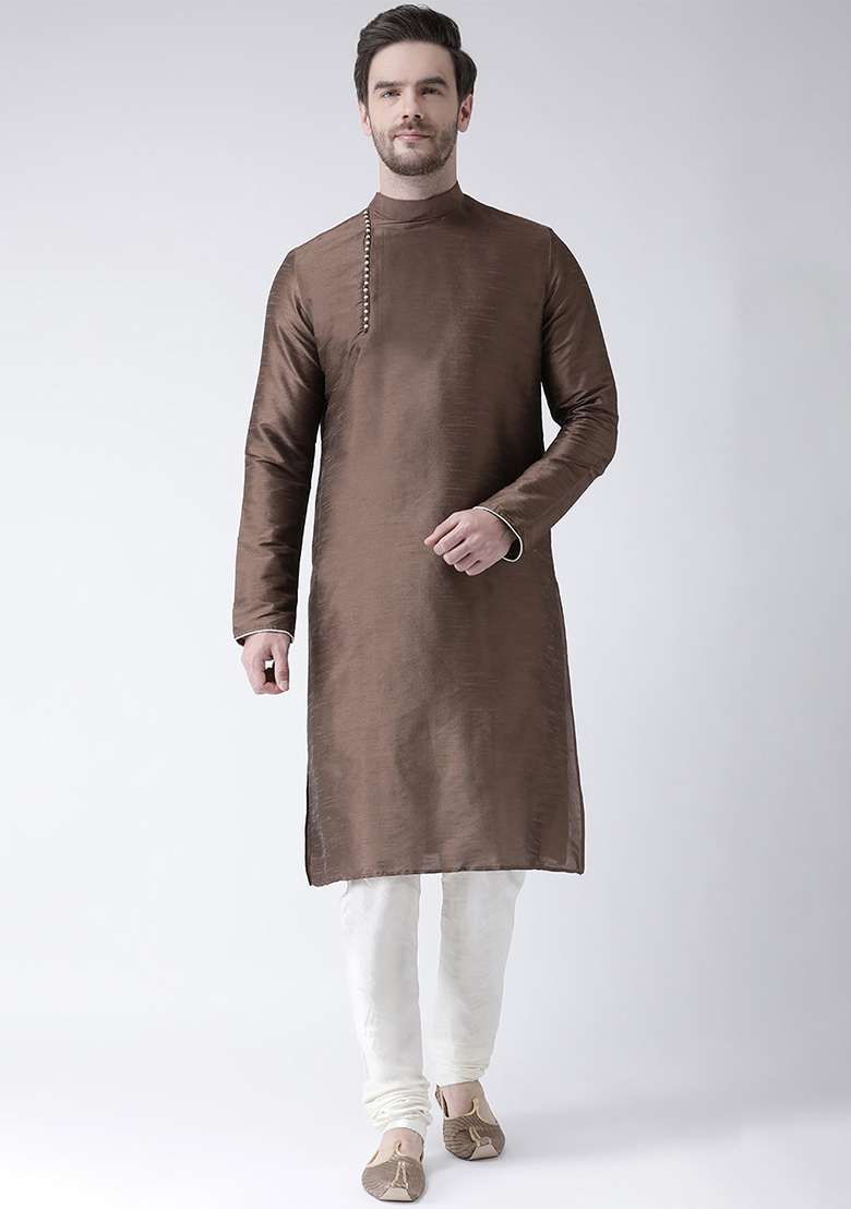 Brown Embroidery Sequins Work Dupion Silk Blend Kurta Set For Men - Indya