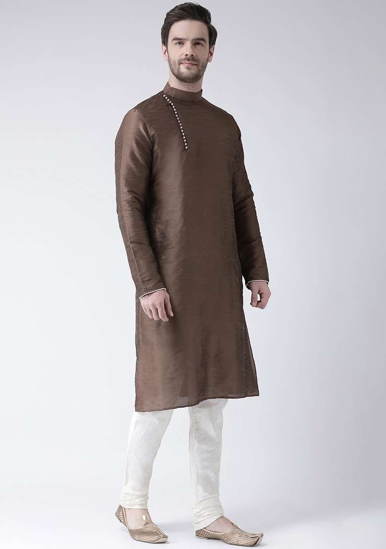 Brown Embroidery Sequins Work Dupion Silk Blend Kurta Set For Men - Indya