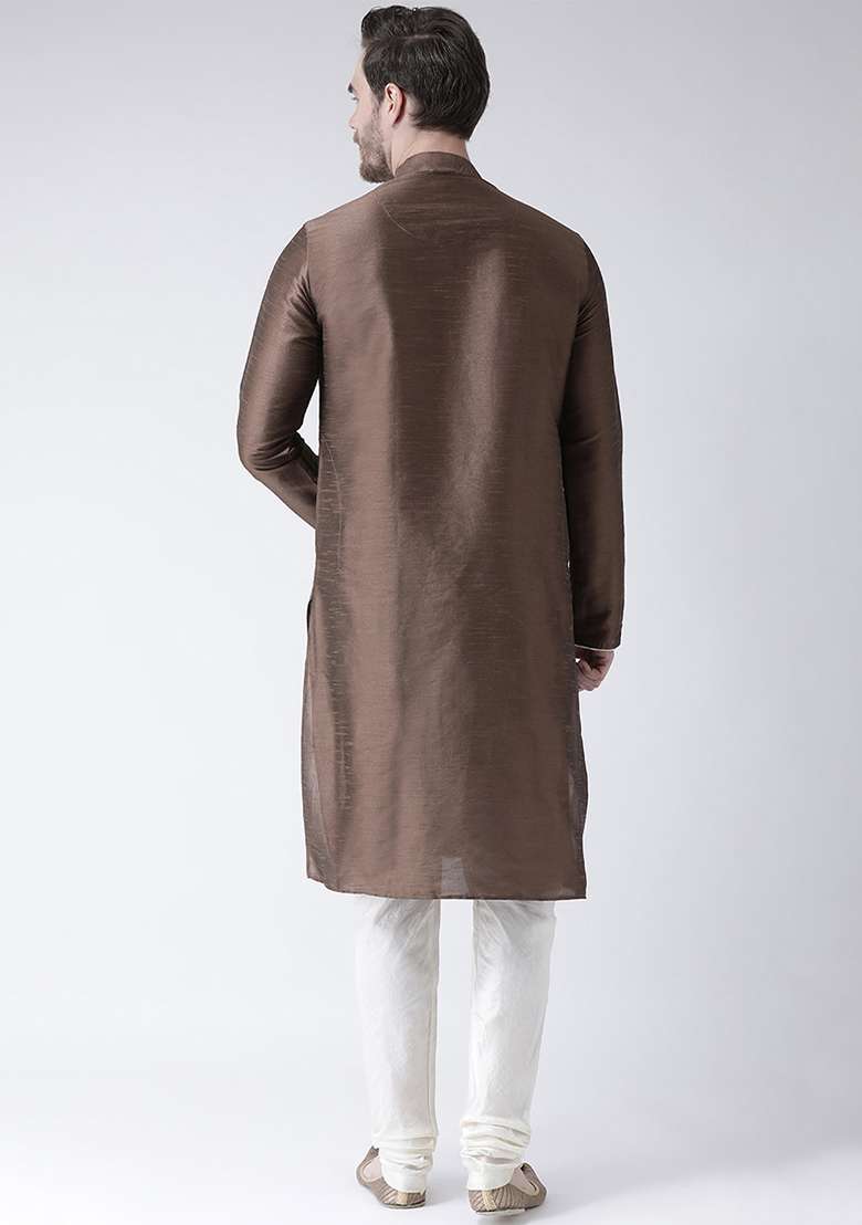 Brown Embroidery Sequins Work Dupion Silk Blend Kurta Set For Men - Indya